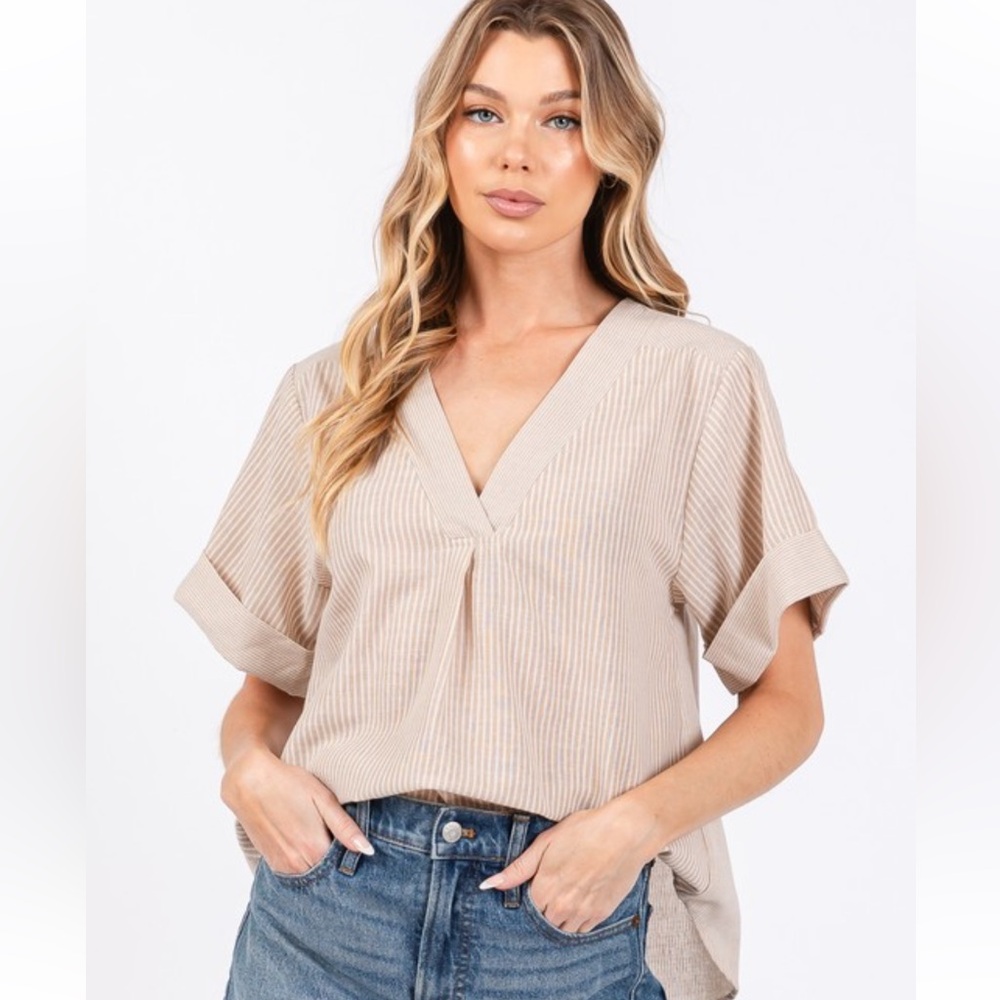 12 Boho Striped V-neck Short Sleeve Top